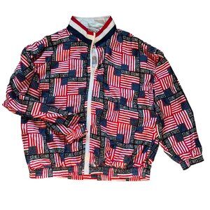 Vintage USA Flag Print Jacket By Solare Sporta M 100% Nylon Shell & Polyester Li